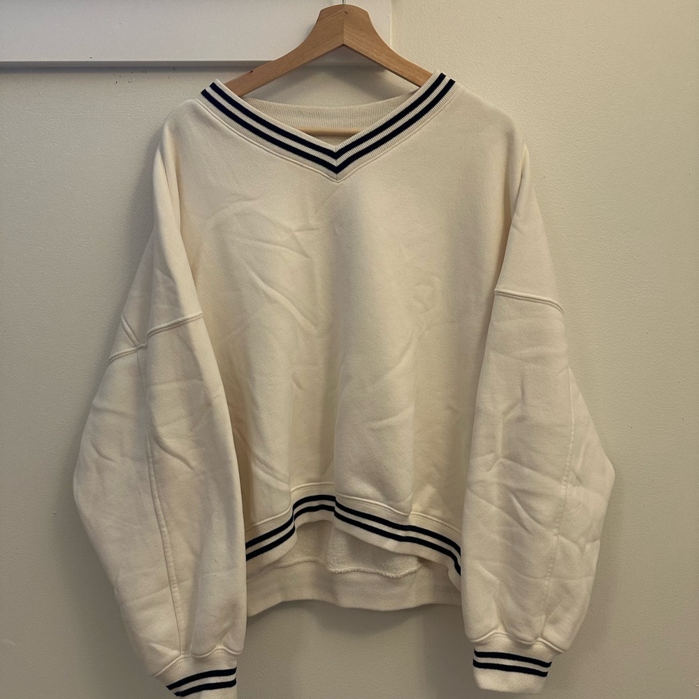 Abercrombie & Fitch White Sweater with Black Striped Trim